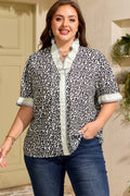 Paige leopard print V-neck blouse with ruffled sleeves and striped trim