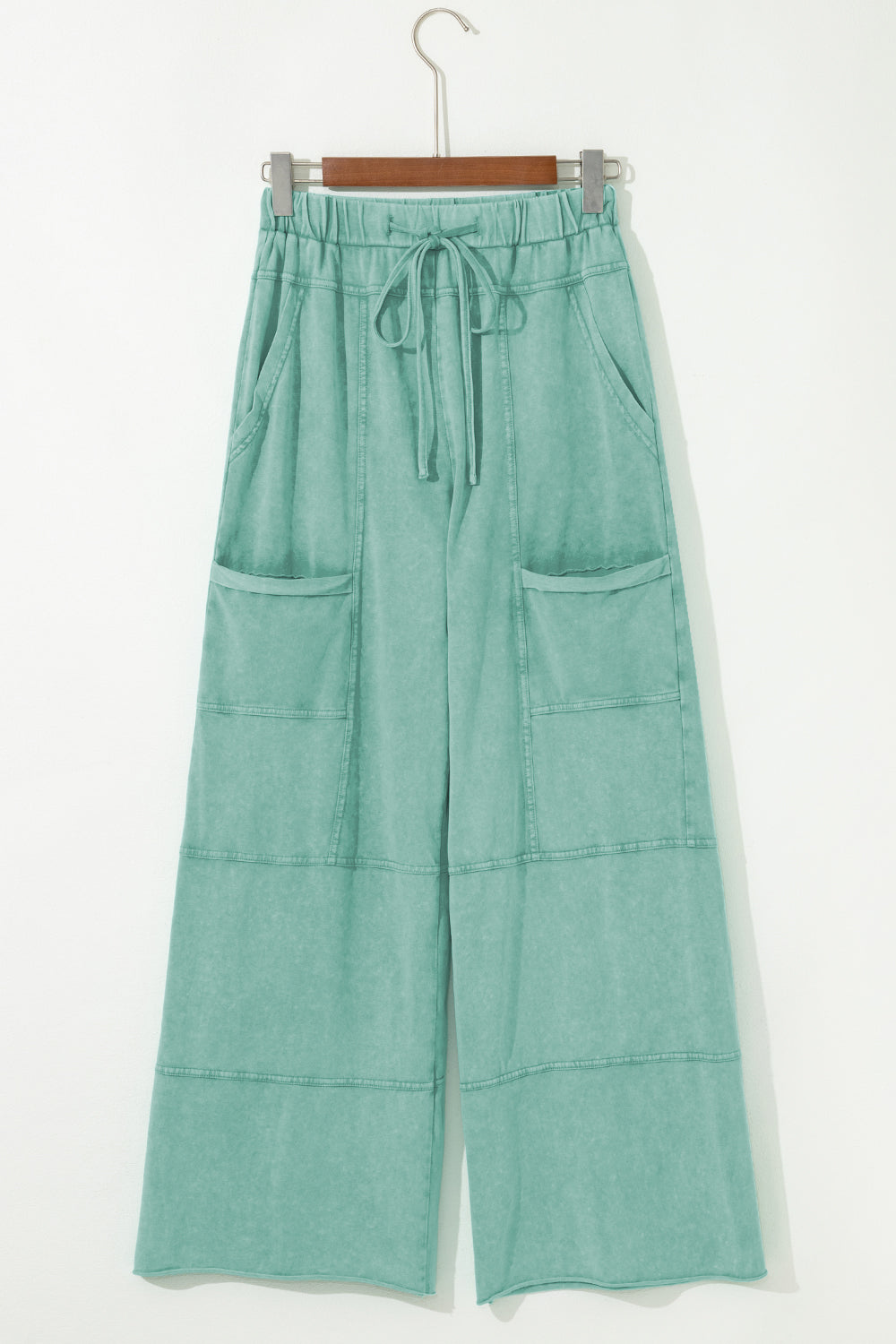 Mint Green Mineral Wash Exposed Seam Drawstring Elastic Waistband Wide Leg Cargo Pants