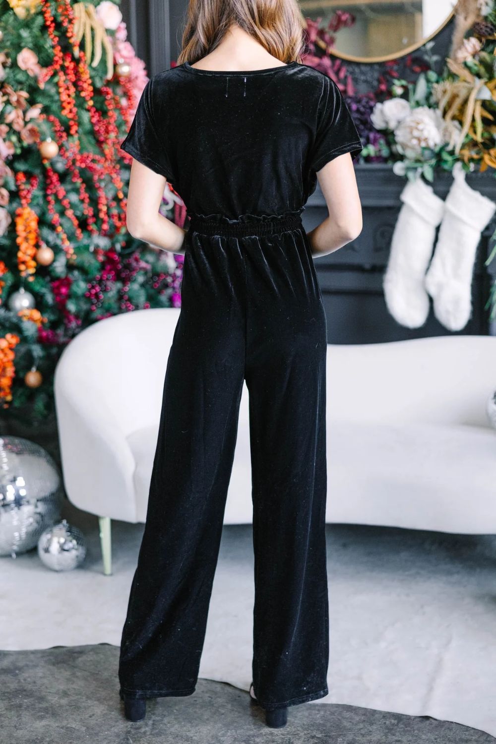Burgundy Velvet Drawstring Surplice Jumpsuit | Wide-Leg Party