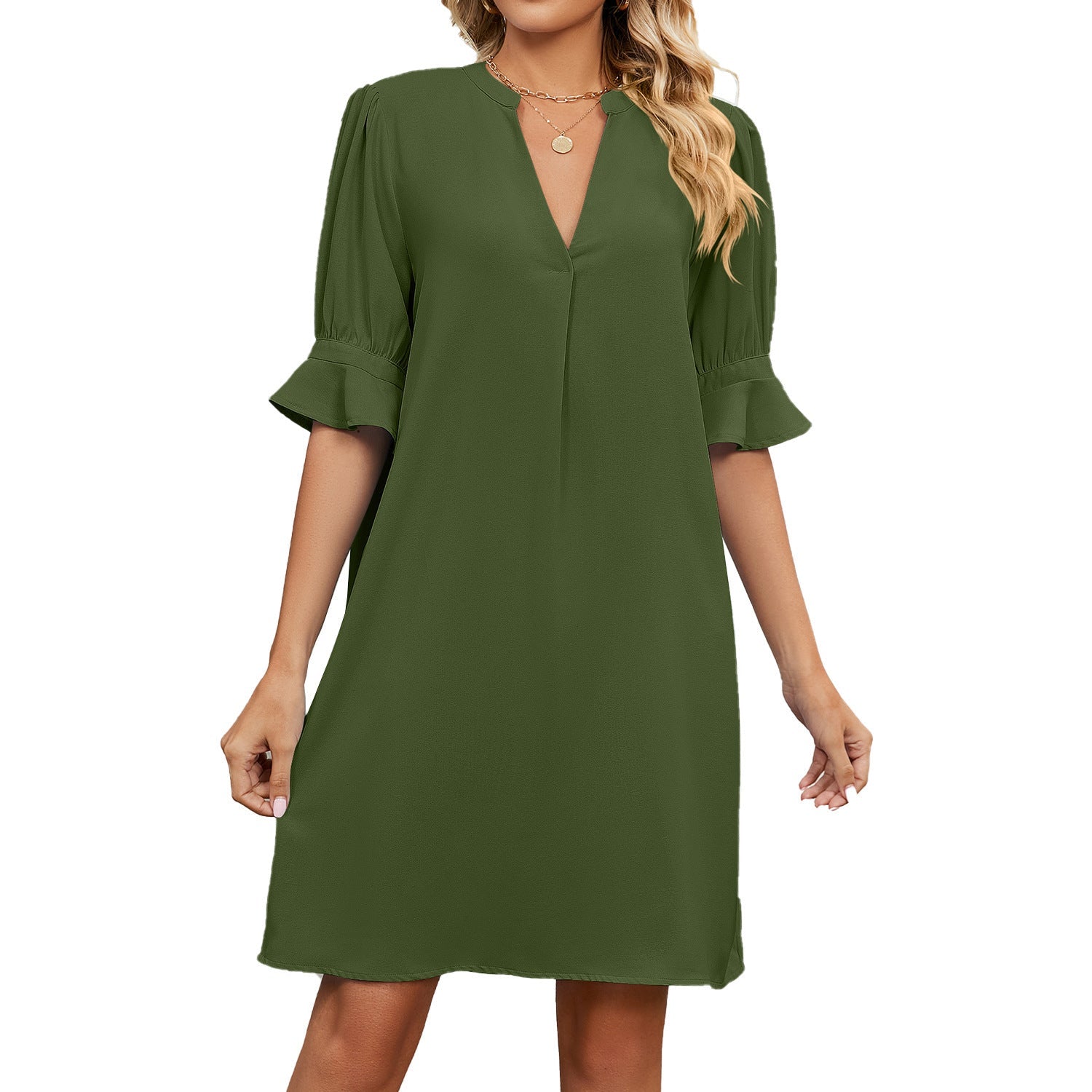 Minimalist V-Neck Pleated A-Line Dress