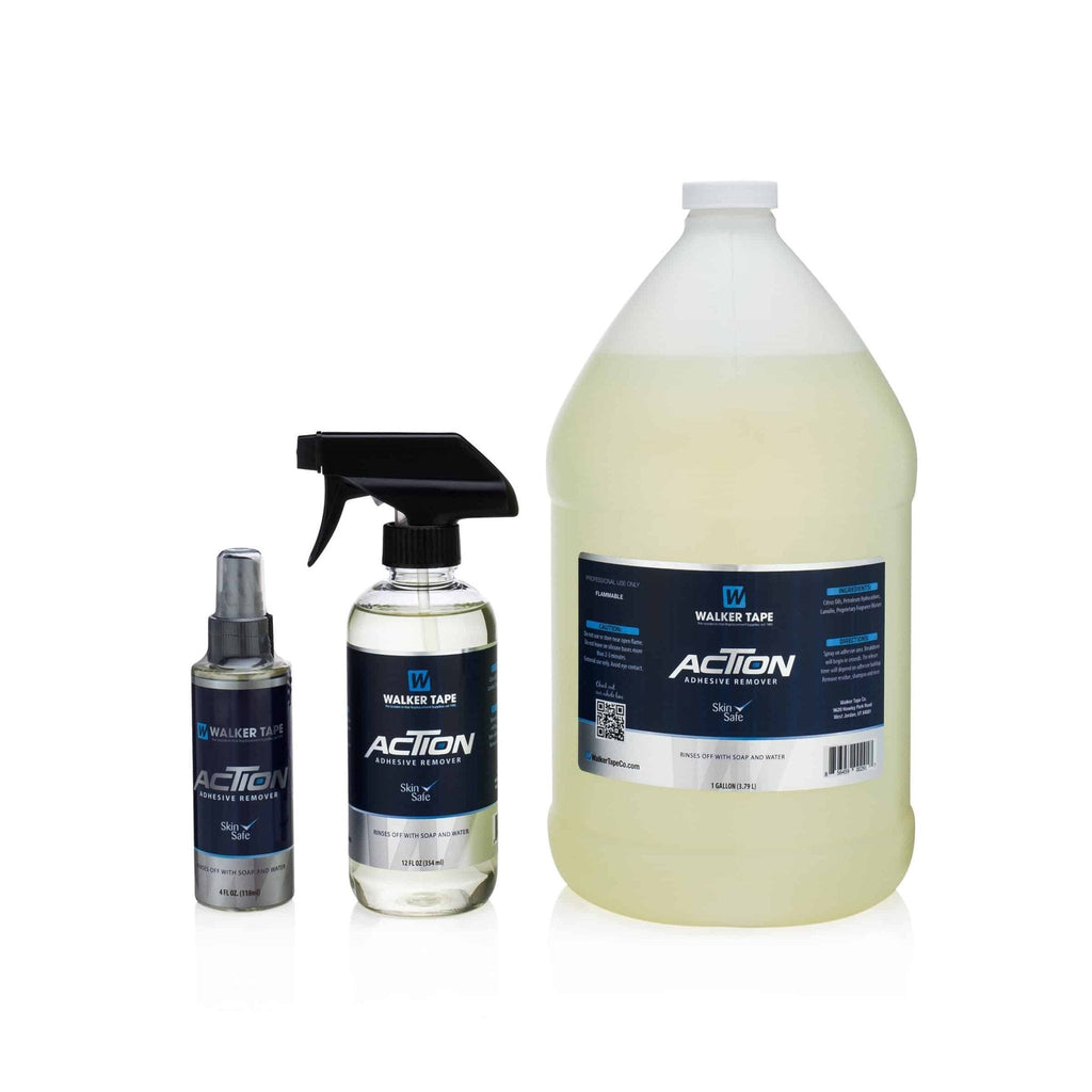 A 1-gallon container of Walker Tape Action Adhesive Remover with clear, yellow-tinted liquid