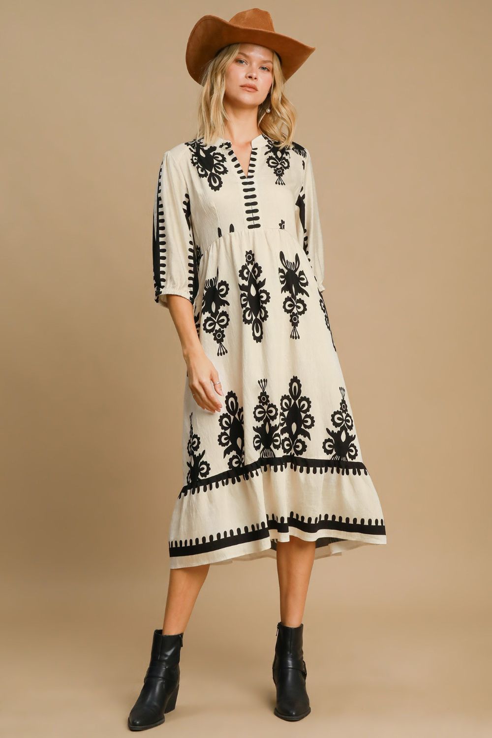 Vintage Cream Printed Midi Dress with Notched Neckline