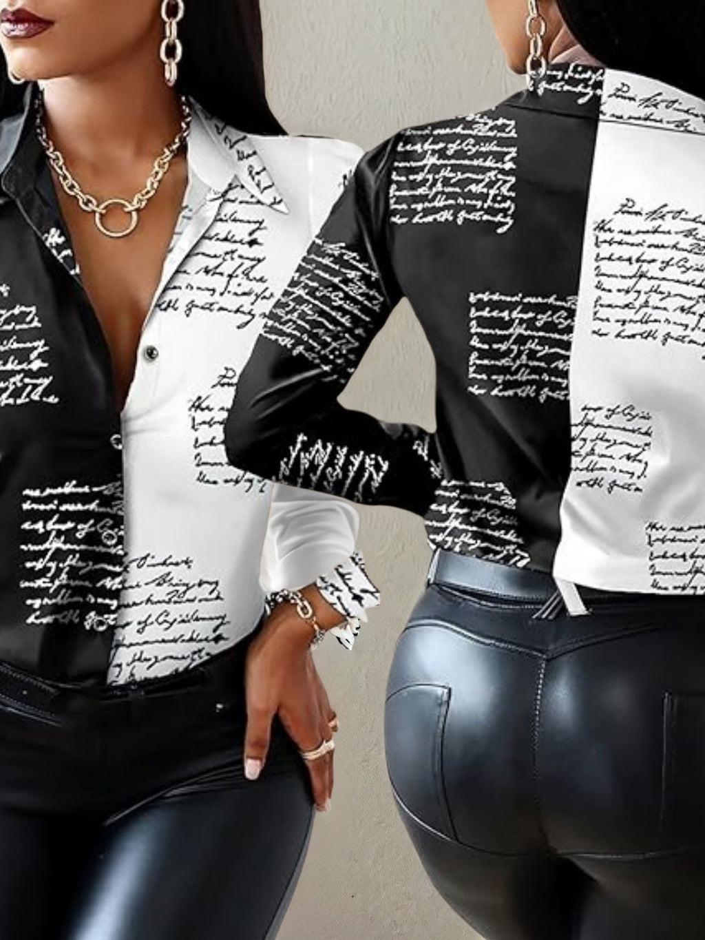 Black and White Script Print Long Sleeve Button-Down Blouse - Image 3