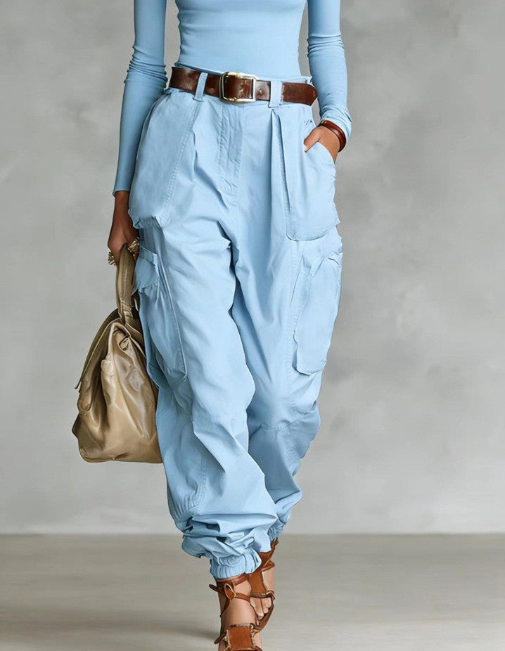 Women's High-Waist Beige Cargo Joggers with Elastic Cuffs - Image 9
