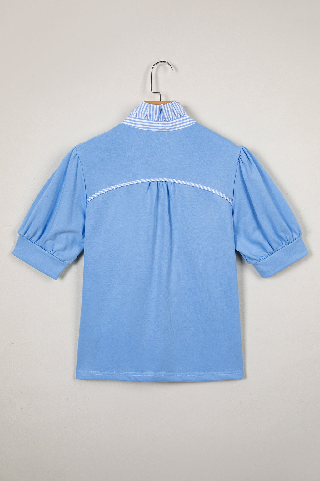 Stripe Frilled Collar Short Sleeve Blouse with Puff Sleeves
