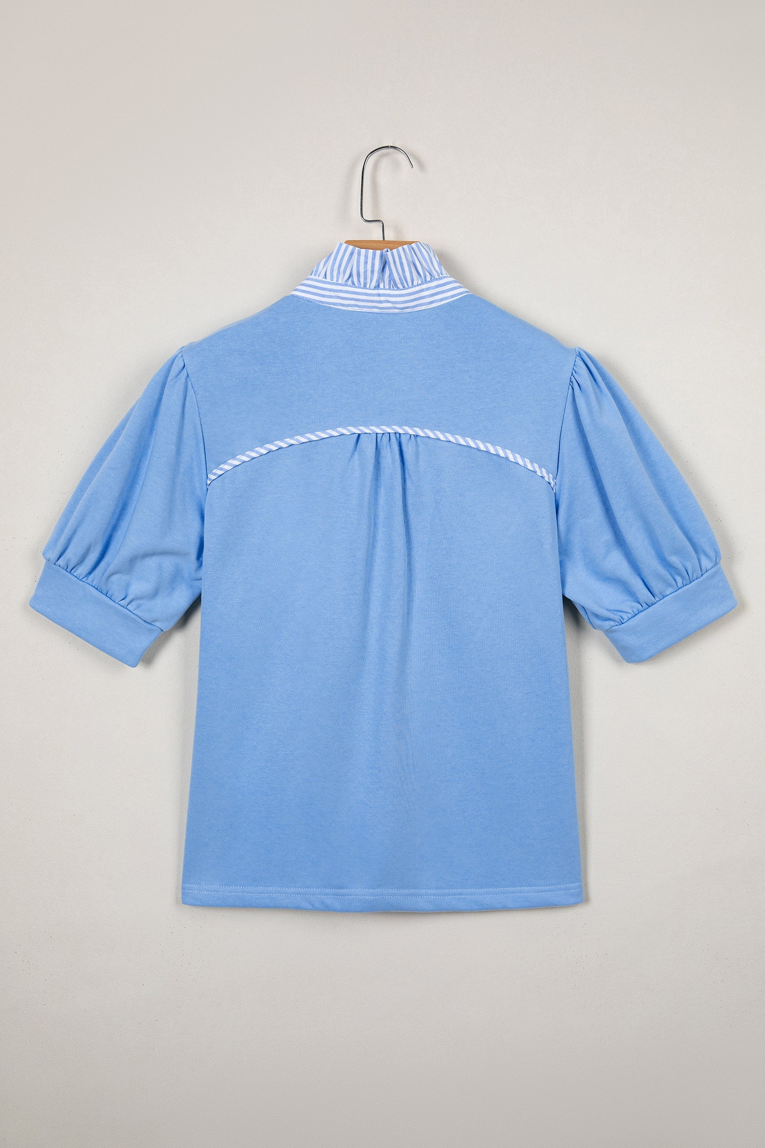 Stripe Frilled Collar Short Sleeve Blouse with Puff Sleeves