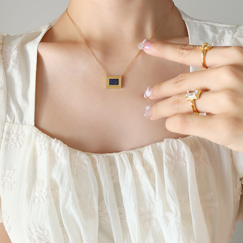 French-style Square Oil Painting Lapis Lazuli Necklace