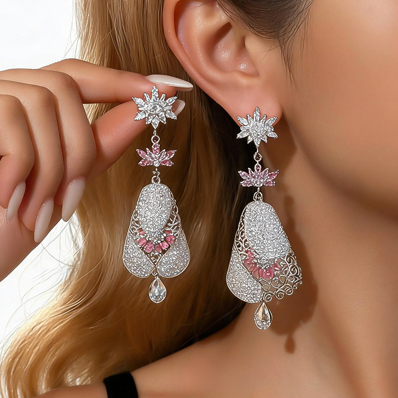 Women Long Dangle Multi Layer Flower Rhinestone Earrings,Exotic Heavy Craft Hollow Filigree Pink Crystal Drop Statement Jewelry For Wedding Banquet Party Occasion