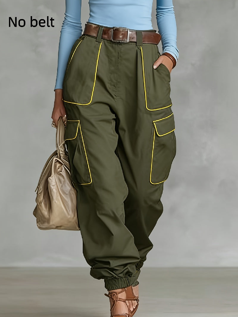Women's Olive Green High-Waisted Cargo Pants with Yellow Piping - Image 2
