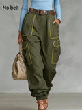 Women's Olive Green High-Waisted Cargo Pants with Yellow Piping - Image 2