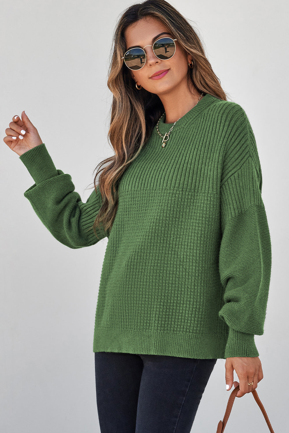 Vineyard Green Mixed Texture Knitted Crew Neck Sweater