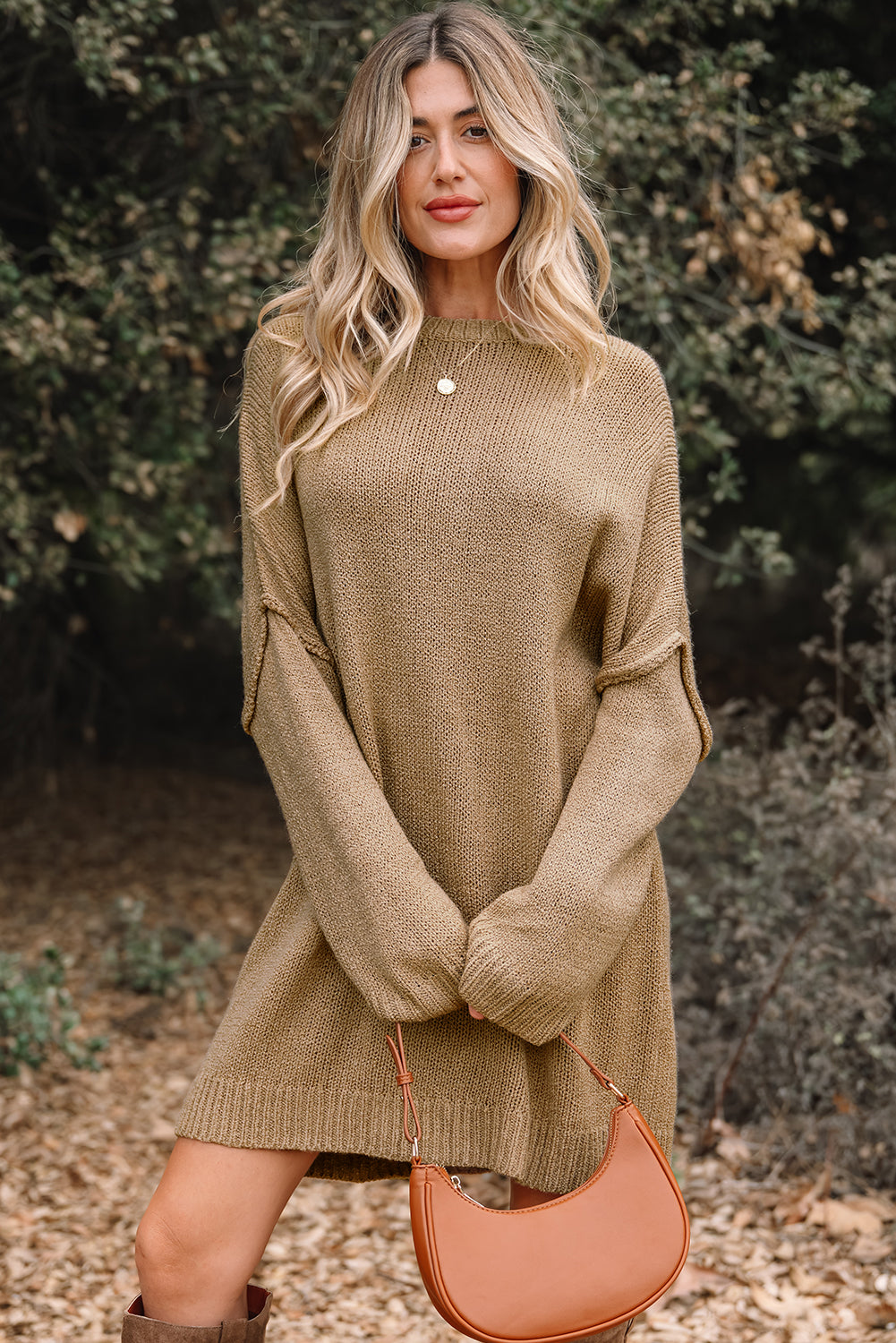 Laylani Drop Shoulder Slouchy Sweater in tan knit fabric with oversized silhouette