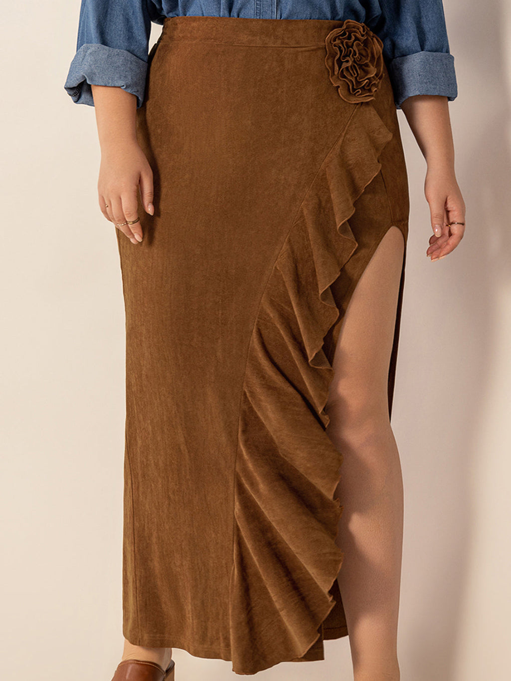 Ruffled Slit High Rise A-Line Skirt in Brown | Floor Length