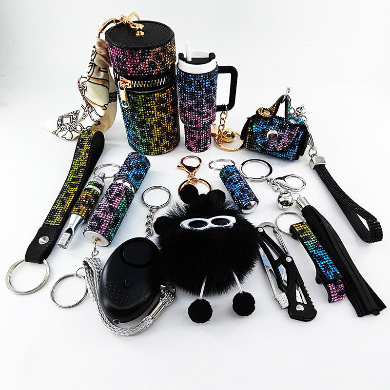 12-Piece Diamond-Embellished Leopard Print Keychain Set for Bags