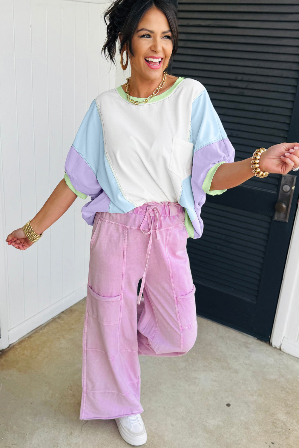 White Color Block Patchwork Half Sleeve Oversized T-Shirt