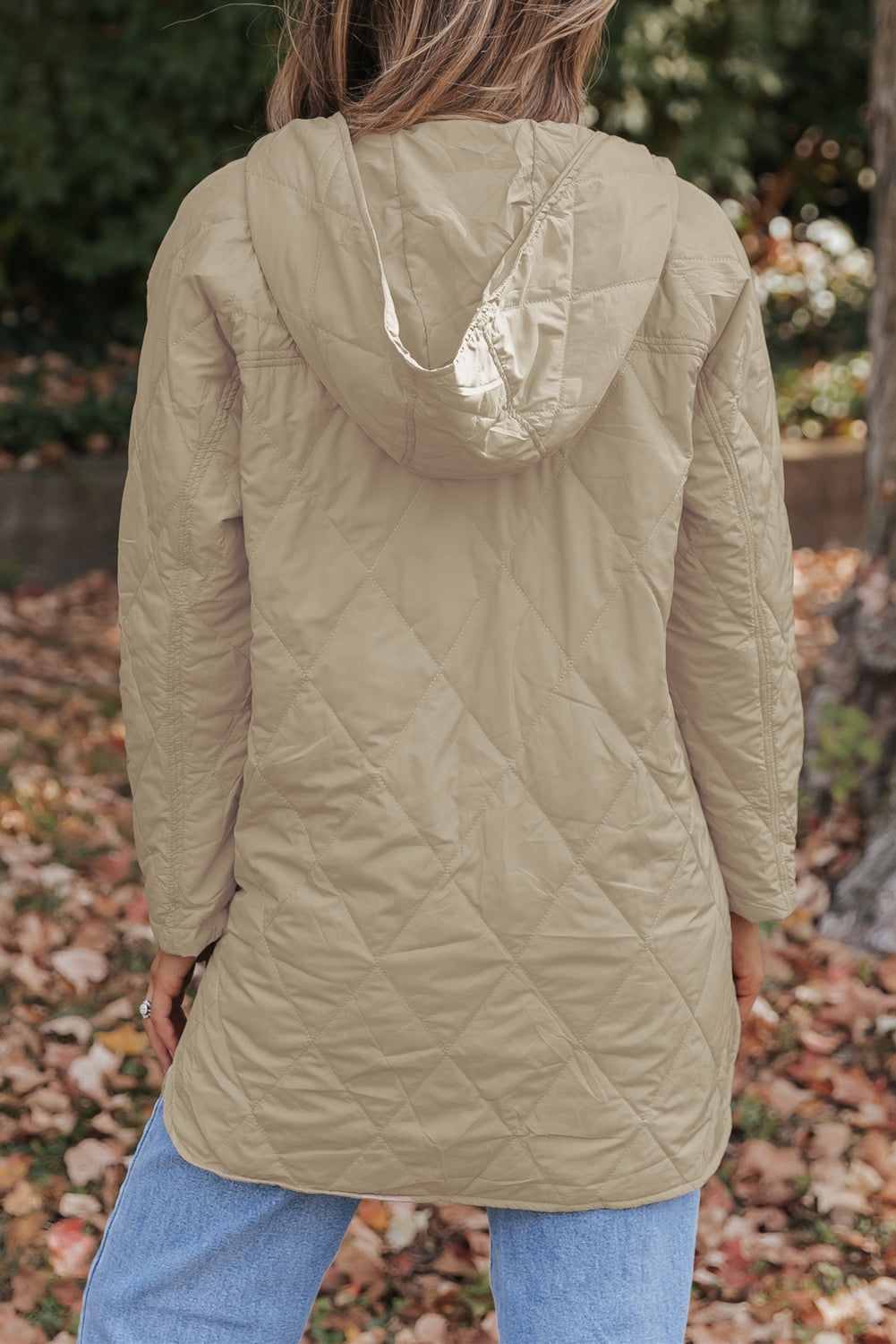 Women's Solid Quilted Snap Button Hooded Puffer Coat in Beige Khaki