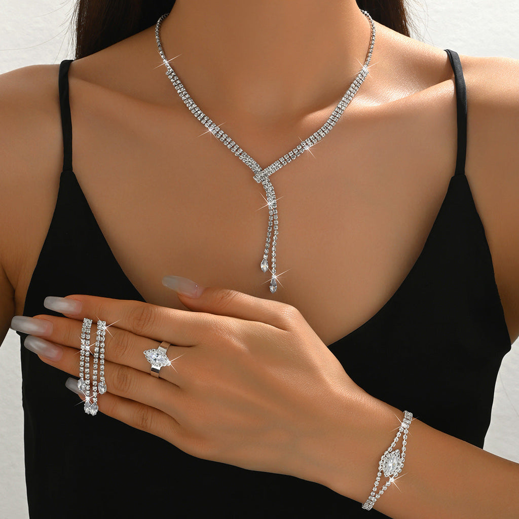 Hot-Selling Jewelry Claw Chain Marquise Zircon Ring Bracelet Necklace Earring Set Chain Wedding Dress Jewelry Four-Piece Set