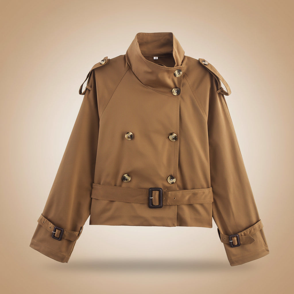 Women's Short Trench Coat with Notch Collar and Belt Buckle - Image 6