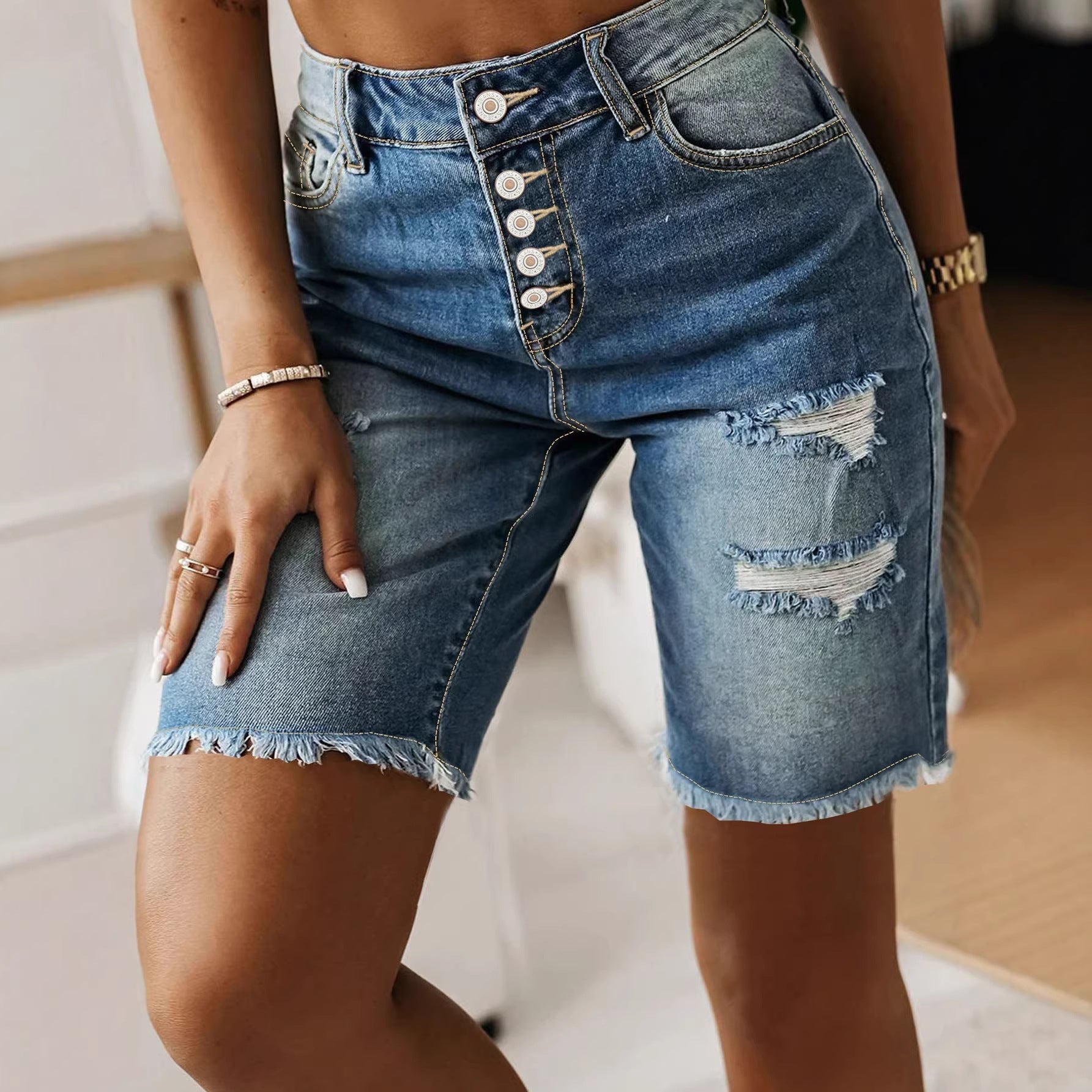 Women’s Cotton Denim Shorts Mid-Length Frayed Hem Distressed
