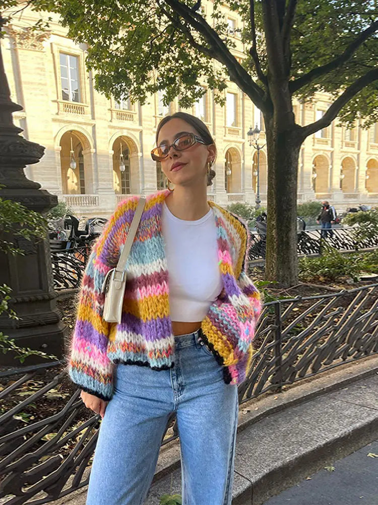 Women Striped Crochet Cardigan Playful Colorful Knit Sweater - Image 2