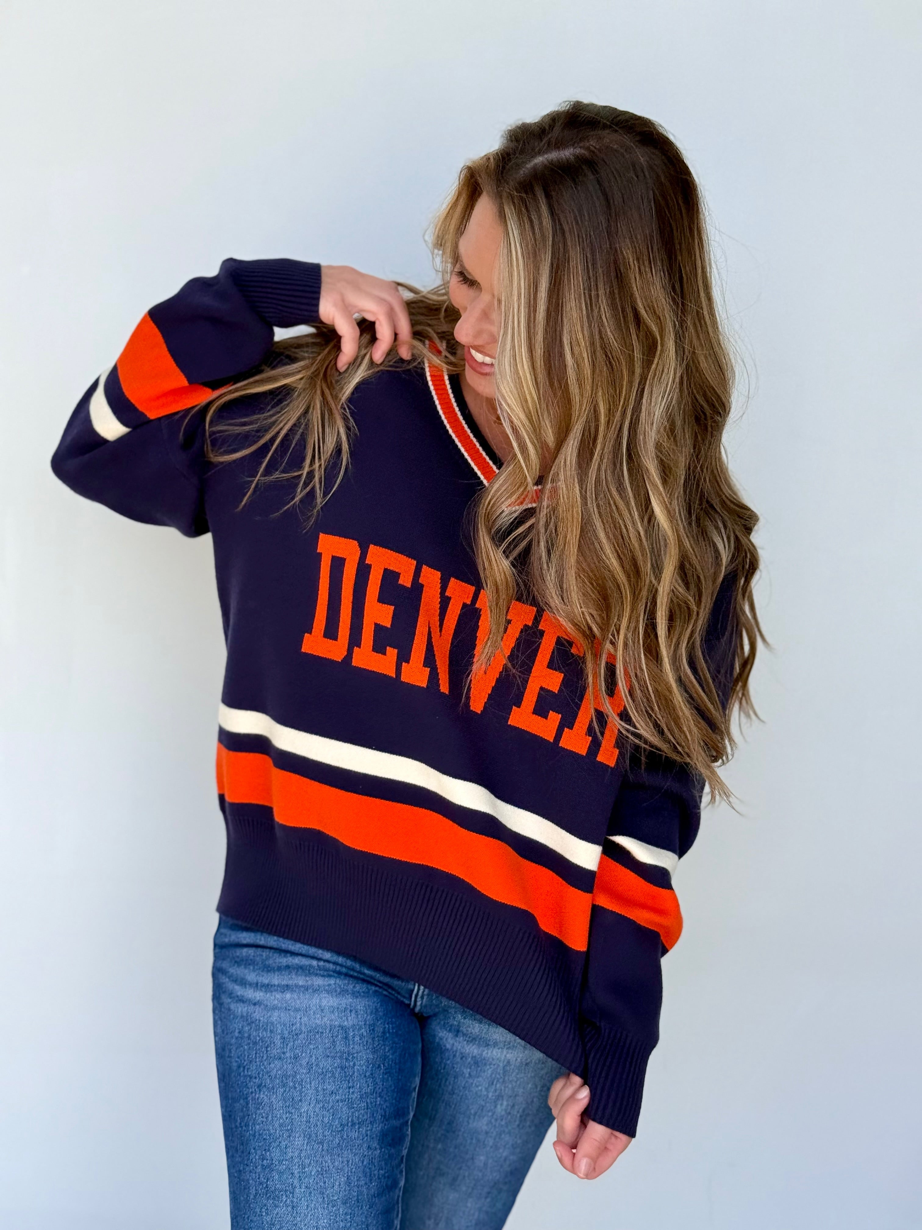 Denver University Varsity Sweater - Preppy Navy Orange Knit Top