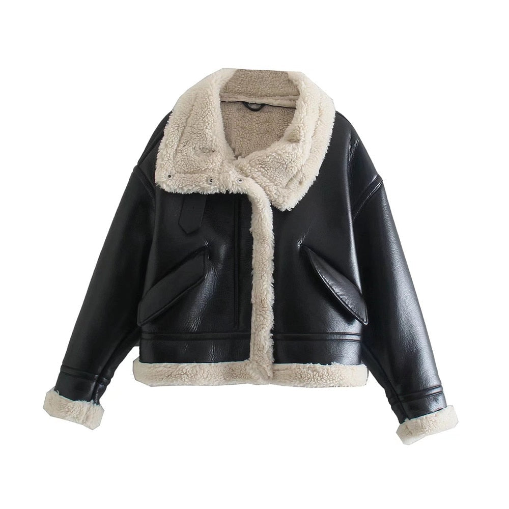 Women's Black Faux Leather Shearling Moto Jacket Harajuku - Image 10