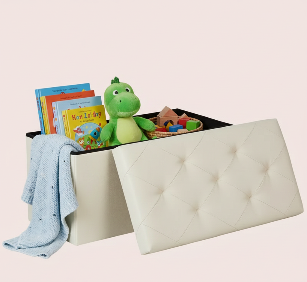 Folding Storage Ottoman Bench, Heavy Duty Padded Seat, 30/43 Inch