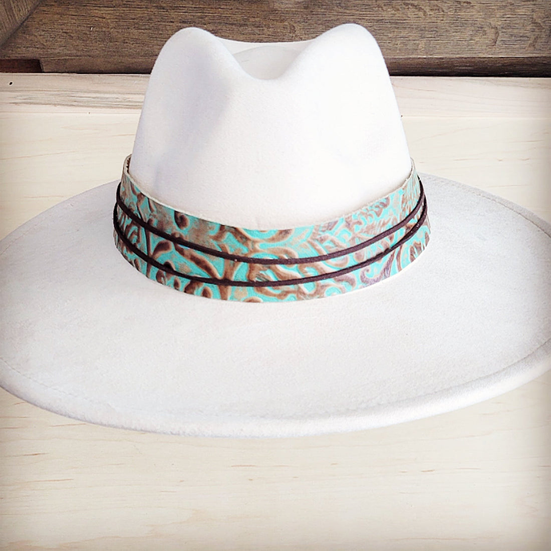 Wide Turquoise and Brown Floral Tooled Leather Cowboy Hat Band - Image 4