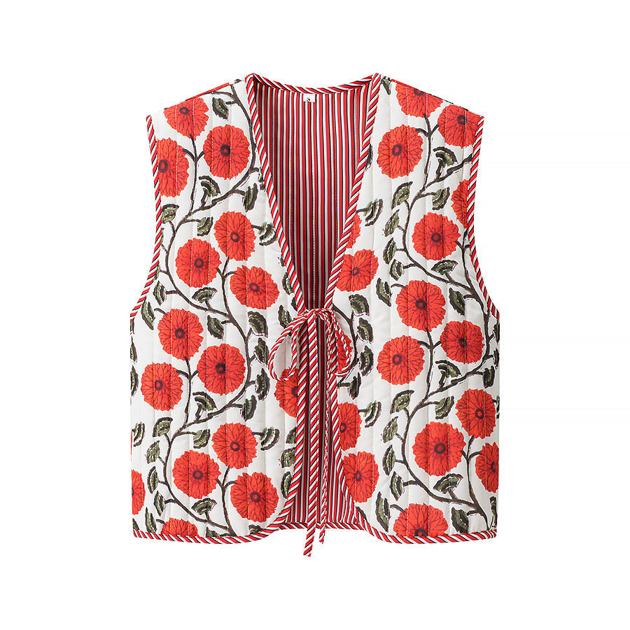 Women's Pink & Blue Striped Quilted V-Neck Loose Fit Vest - Image 3