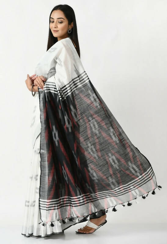 White & Black Bhagalpuri Handloom Ikat Cotton Saree