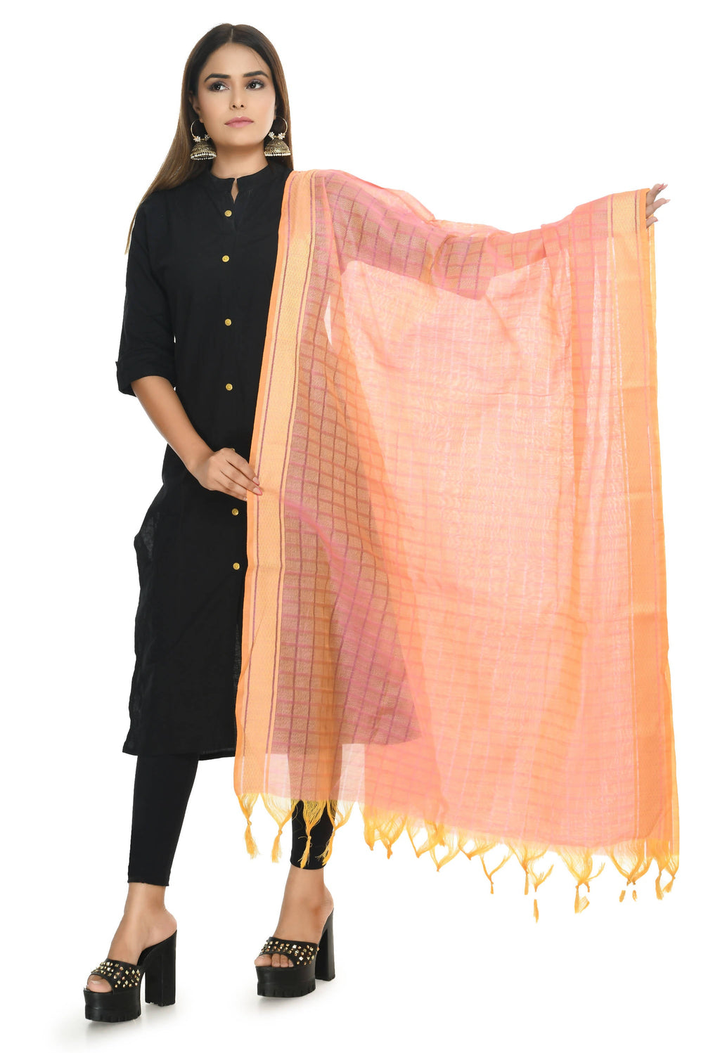 Peach Handloom Cotton Dupatta - Soft Breathable Ethnic Scarf