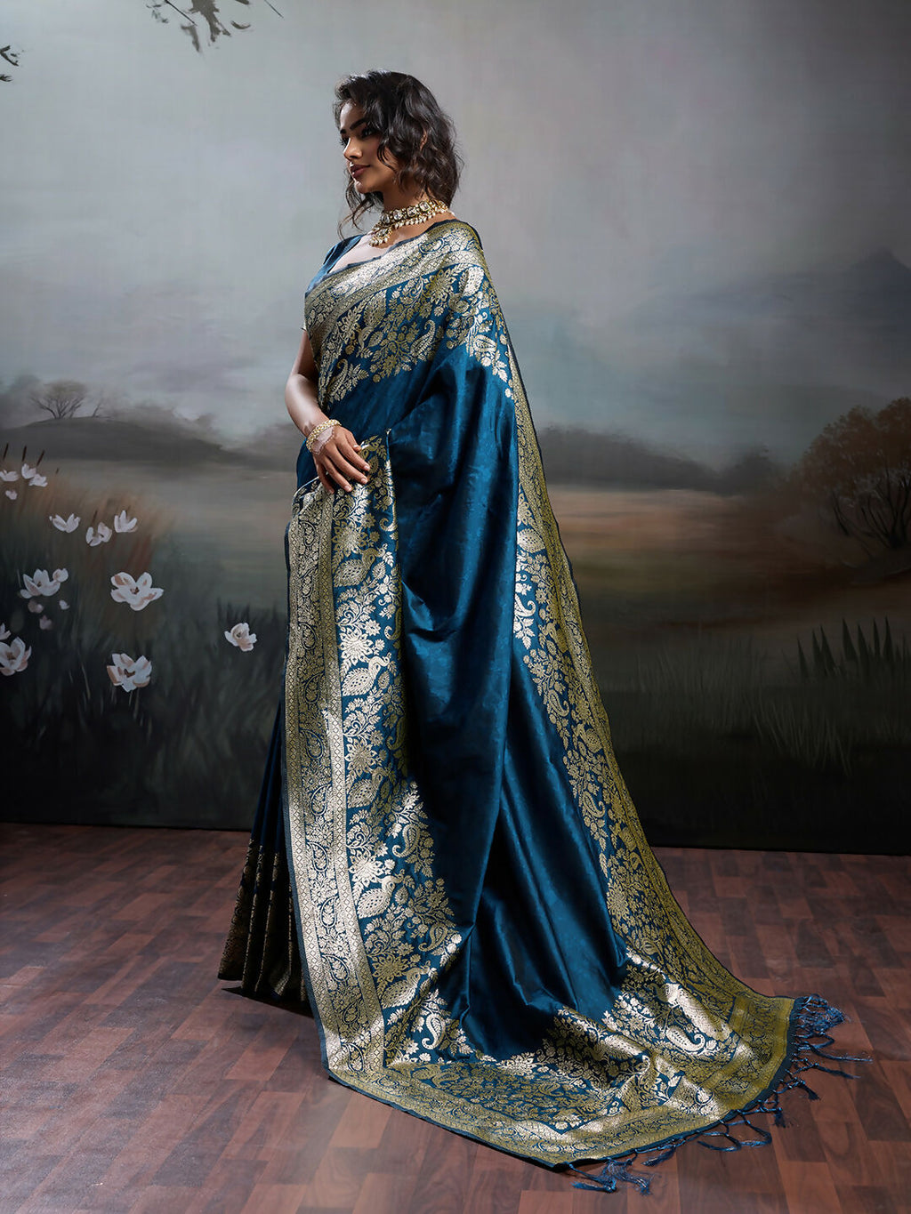 Navy Blue Silk Blend Saree with Matching Blouse Piece Elegant Drape