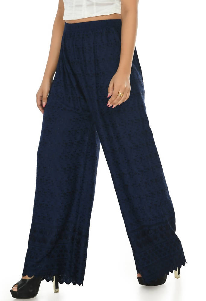 Navy Blue Rayon Cotton Palazzo with Traditional Chikankari Work