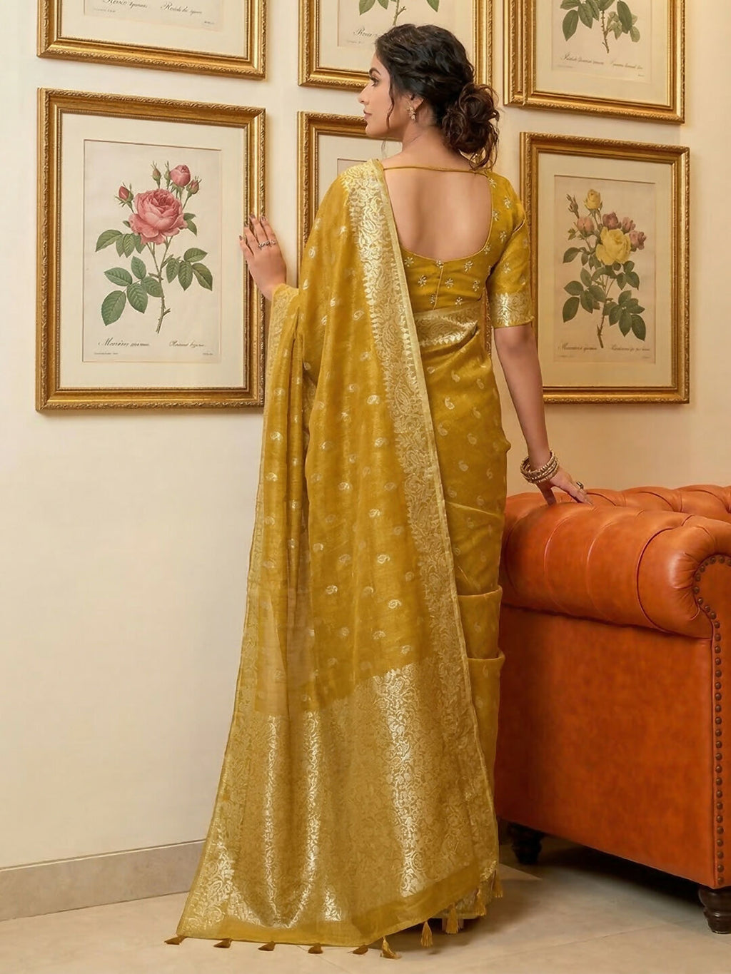 Mustard Tissue Silk Saree with Matching Blouse Piece