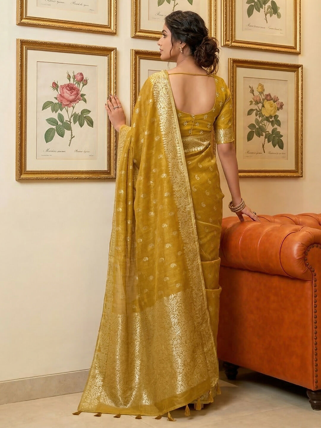 Mustard Tissue Silk Saree with Matching Blouse Piece
