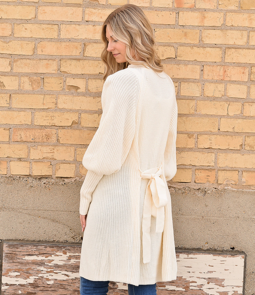Solid Color Open Front Cardigan with Tie in Apricot