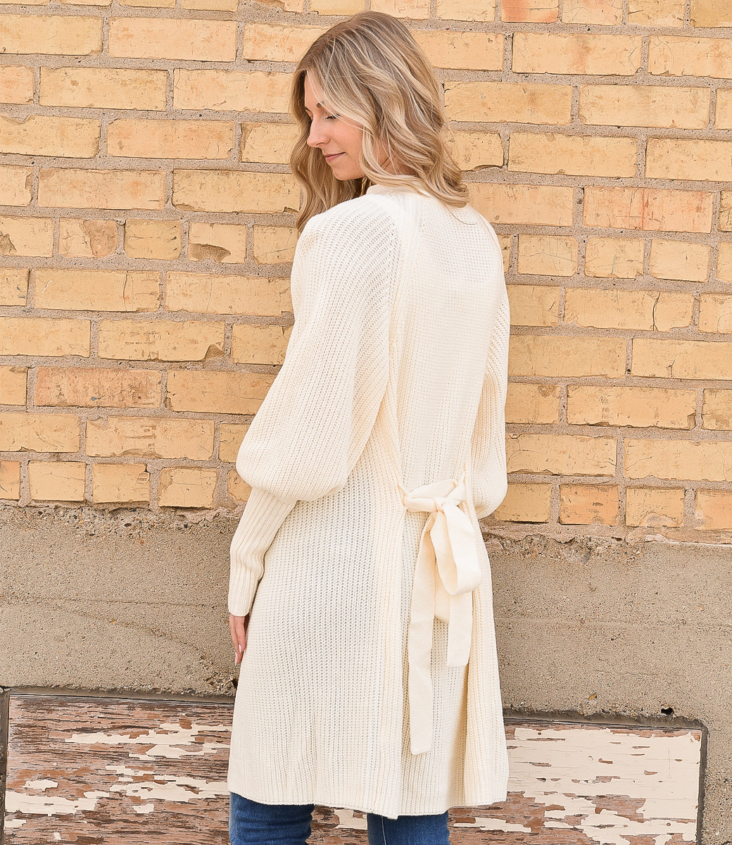 Solid Color Open Front Cardigan with Tie in Apricot