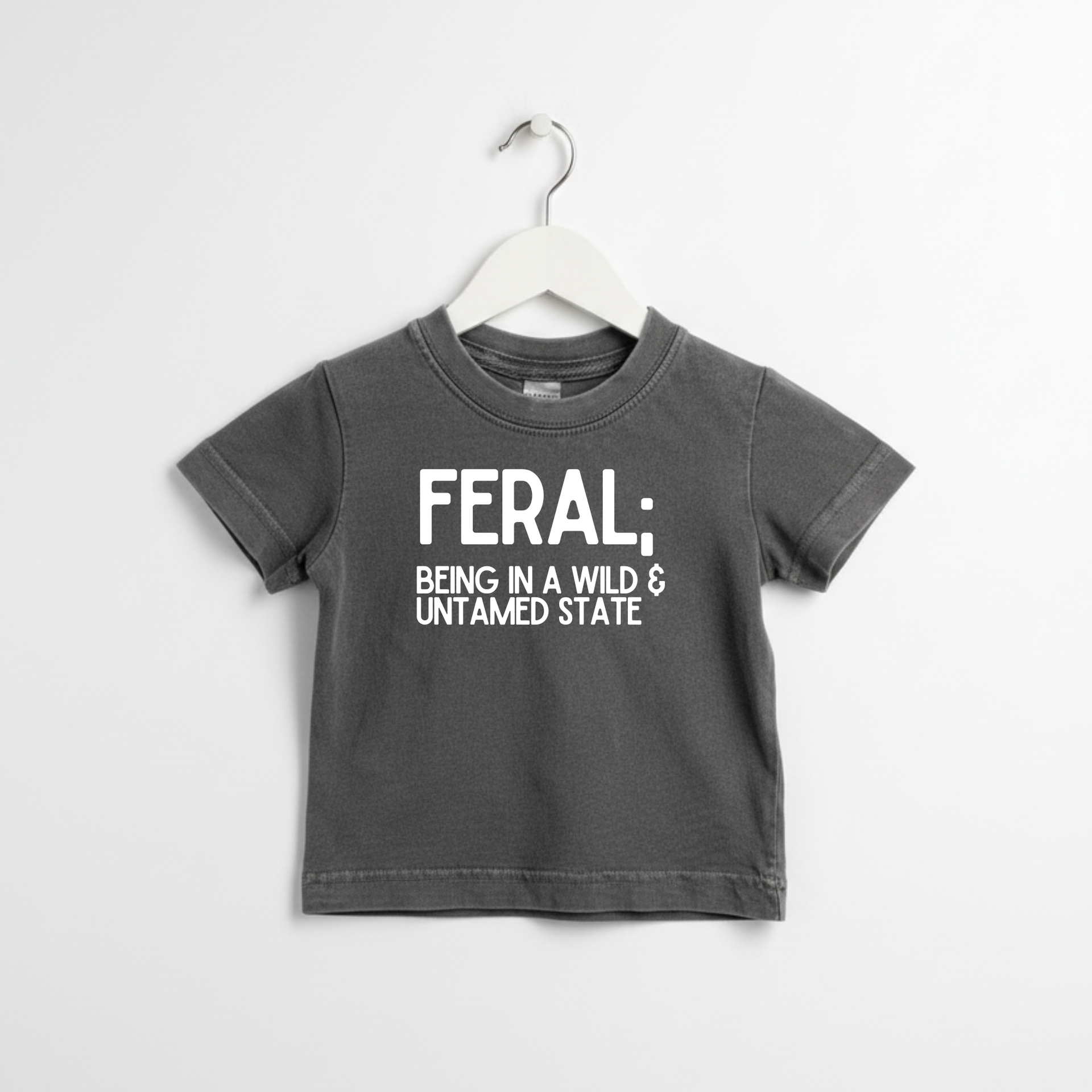 FERAL Definition streetwear graphic tee in charcoal grey, front view