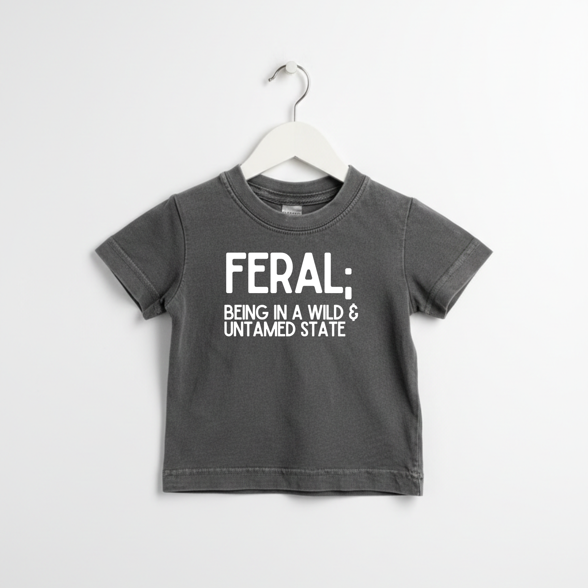 FERAL Definition streetwear graphic tee in charcoal grey, front view