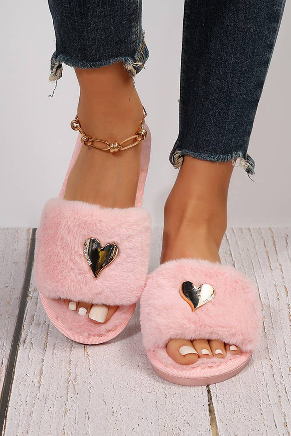 Parchment Heart Buckle Open Toe Plush Slippers