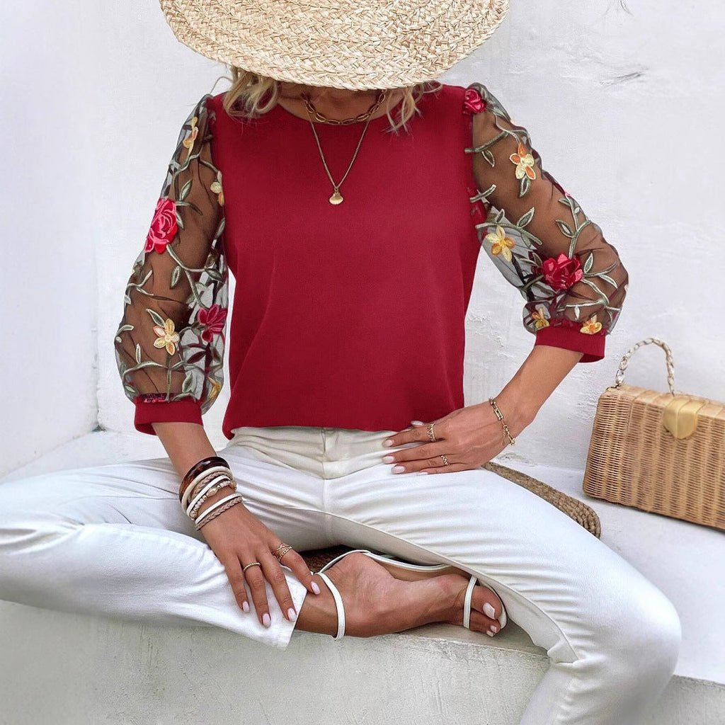 Women's Floral Mesh Sleeve Patchwork Top in Black, Navy, and Red - Image 4