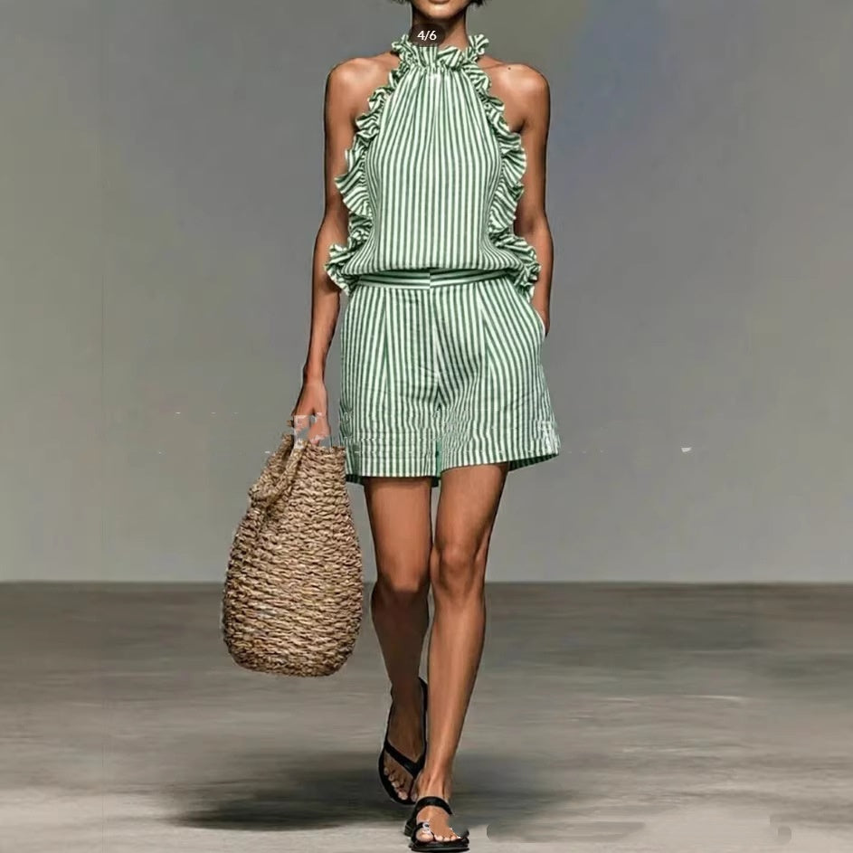 Women's Striped Ruffled High Neck Sleeveless Top and Shorts Set - Image 4