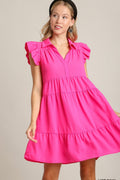 Elegant hot-pink dress with a collared neckline and ruffle cap sleeve detailing.