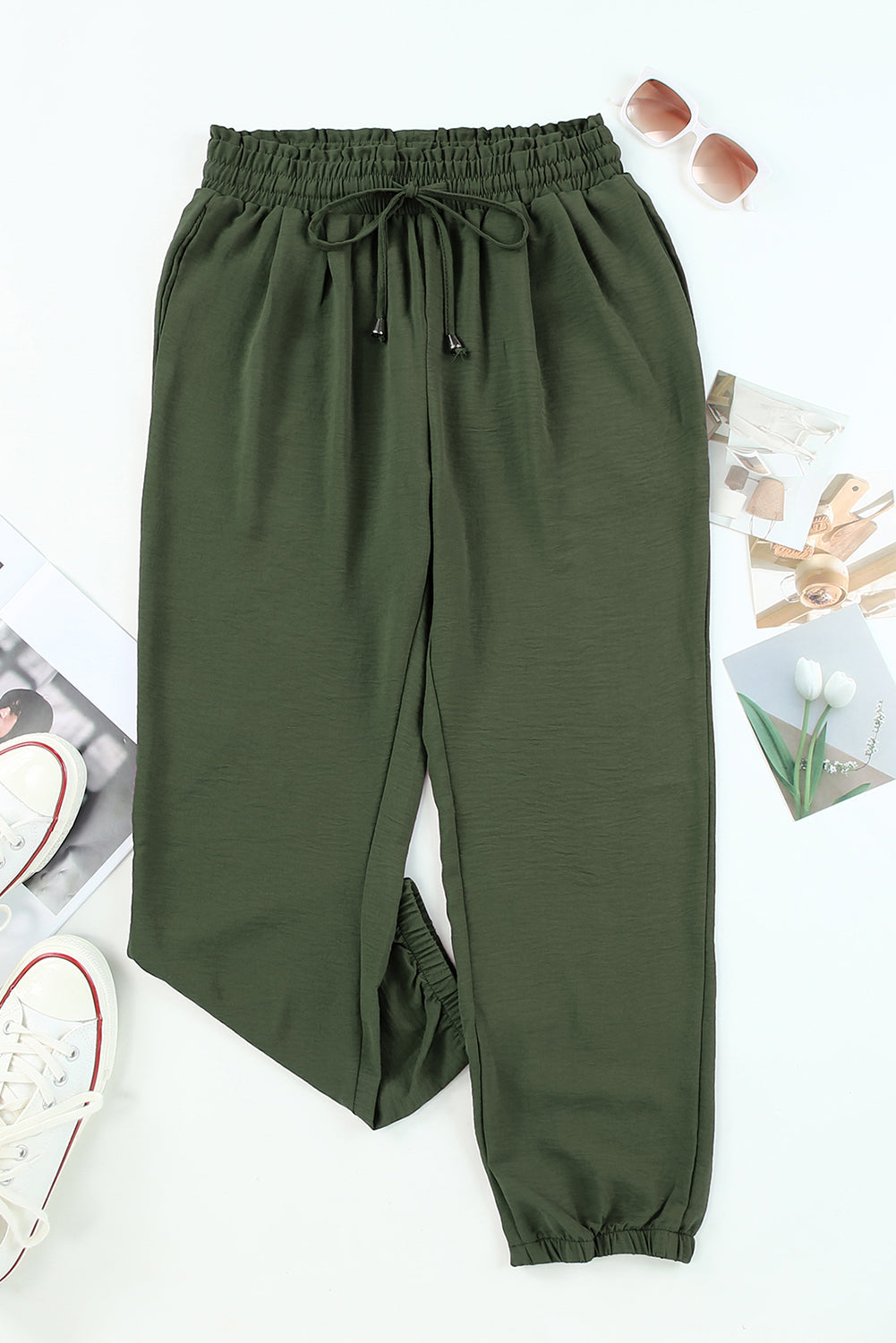 Emory Smocked Waist Joggers with Drawstring in Olive Green