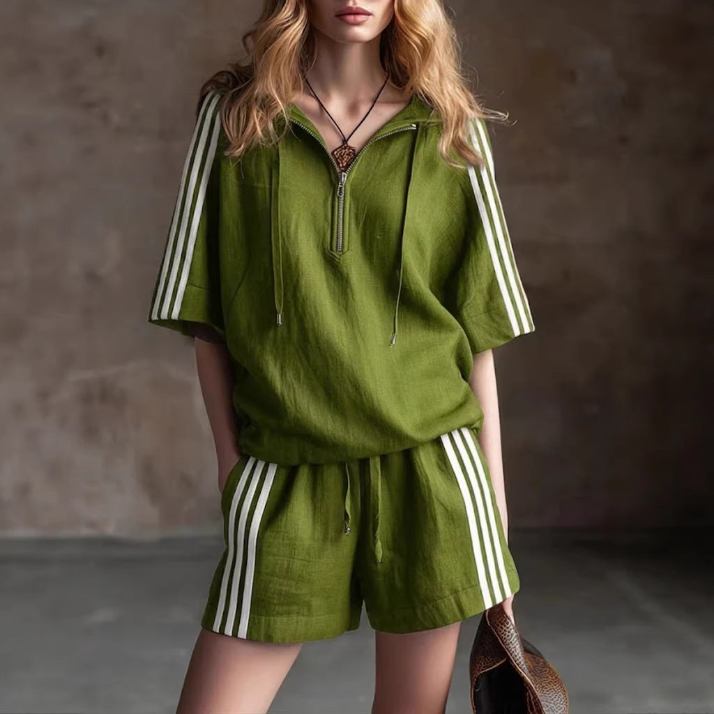 Women's Two-Piece Sportswear Set with Half-Zip Top and Shorts - Image 2