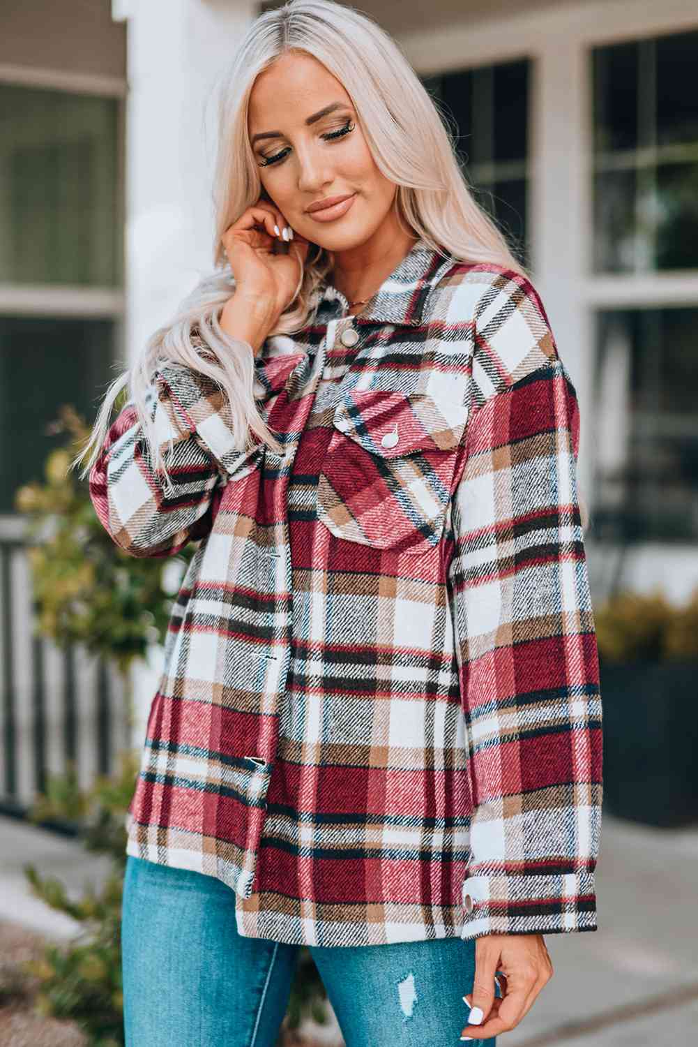 Women's Classic Plaid Button Front Shirt Jacket