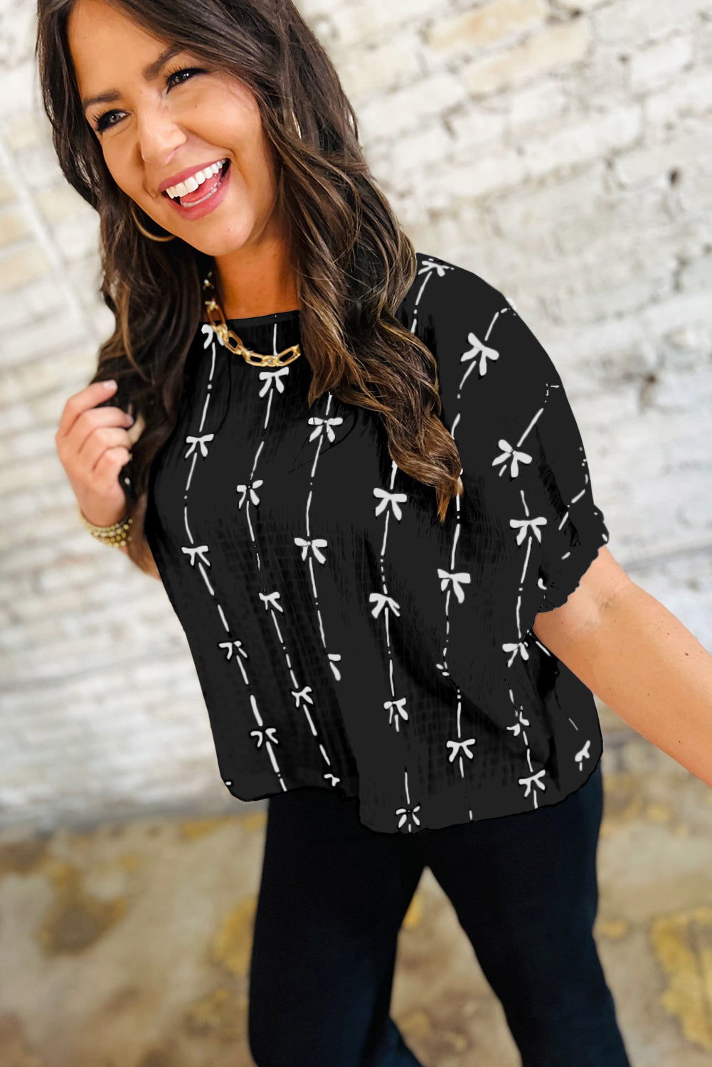 Black Bow Print Striped Puff Short Sleeve Blouse