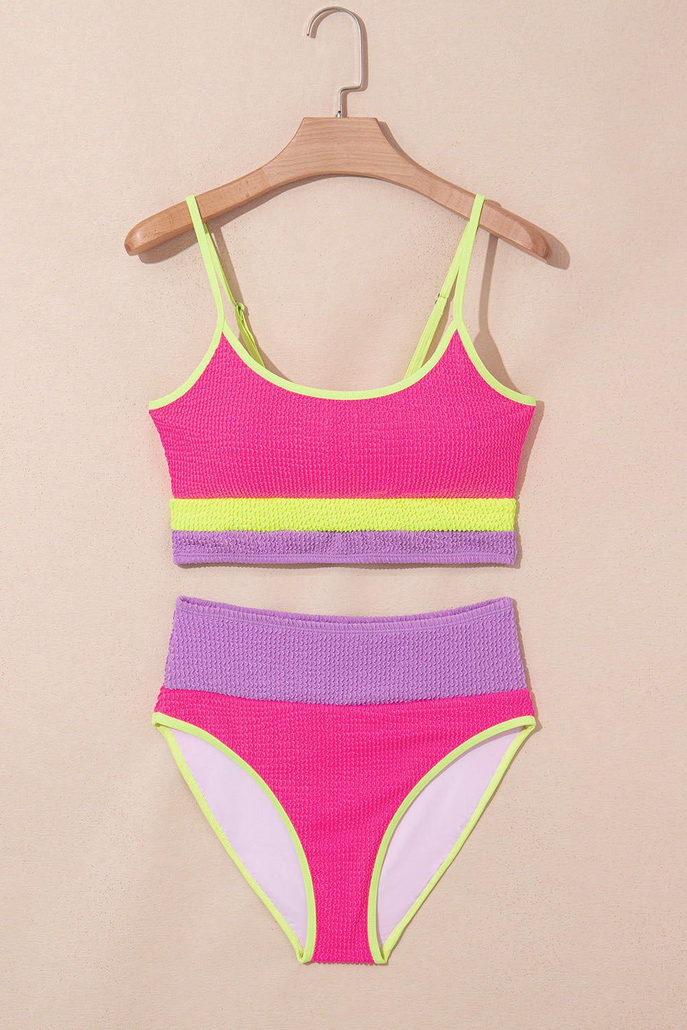 Rose Red Color Block High Waisted Sexy Bikini Set