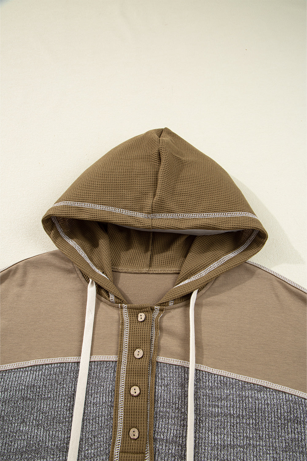 Waffle Knit Patchwork Buttoned Hooded Sweatshirt