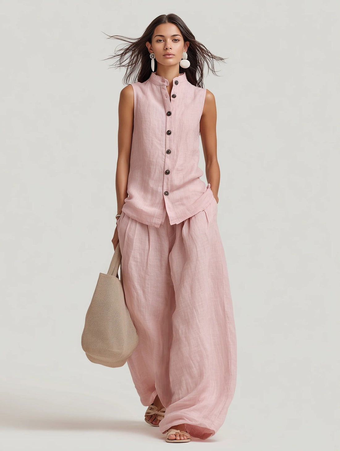 Sleeveless Stand Collar Top and Wide-Leg Pants Set - Image 10